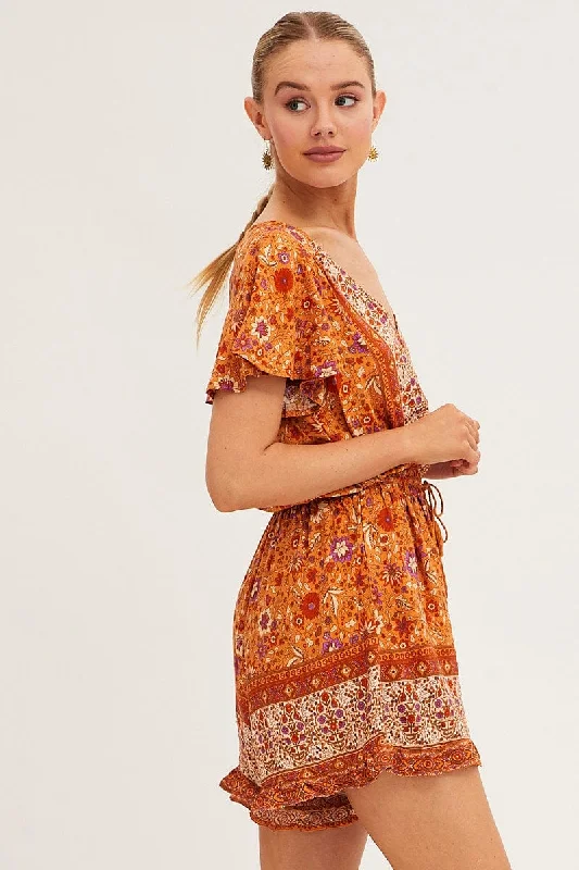 Boho Print V-Neck Playsuit Short Sleeve