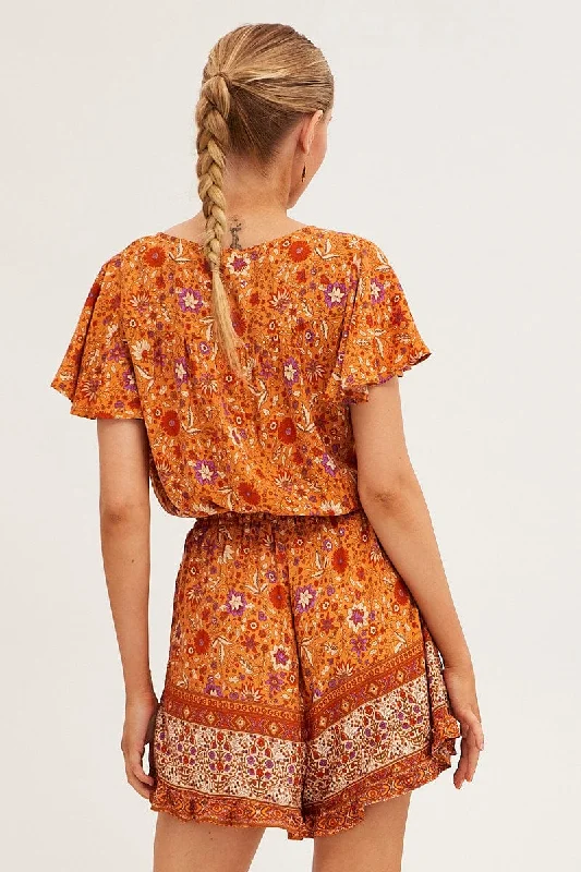 Boho Print V-Neck Playsuit Short Sleeve