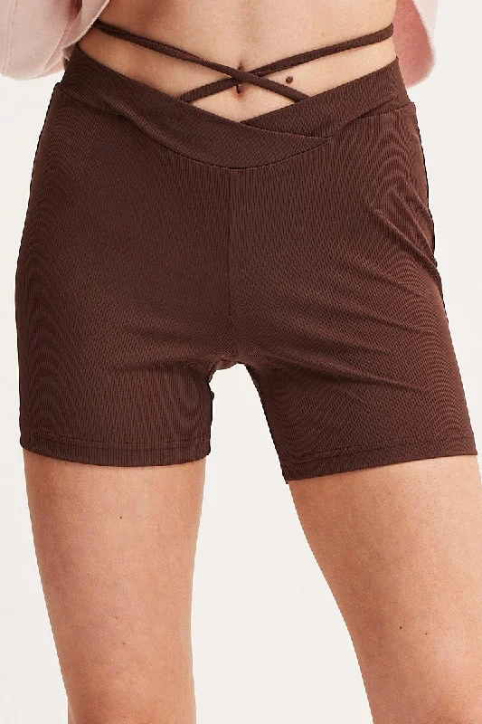 Brown Biker Shorts High Rise Waist Tie