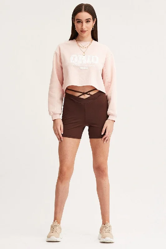 Brown Biker Shorts High Rise Waist Tie