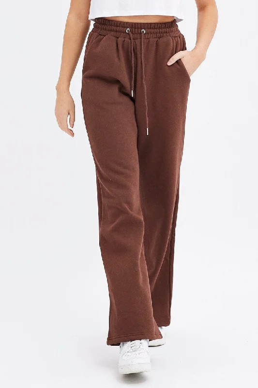 Brown Wide Leg Track Pants High Rise