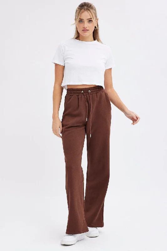 Brown Wide Leg Track Pants High Rise