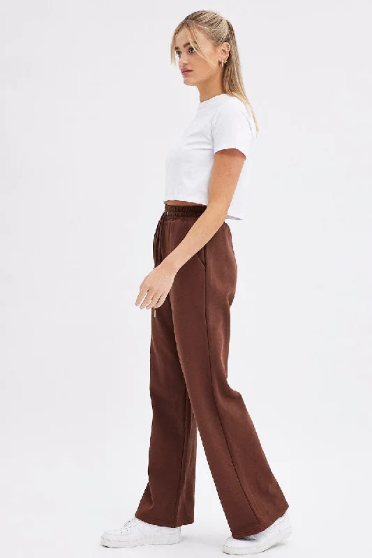 Brown Wide Leg Track Pants High Rise