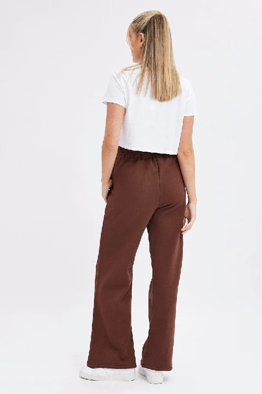 Brown Wide Leg Track Pants High Rise