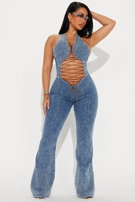 Capri Denim Washed Jumpsuit - Medium Wash