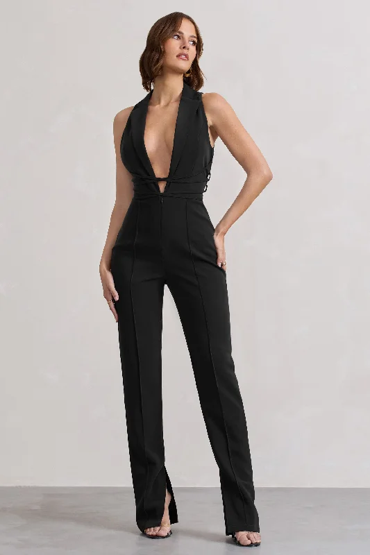 Darcy | Black Plunge Neck Tailored Jumpsuit With Tie Detail