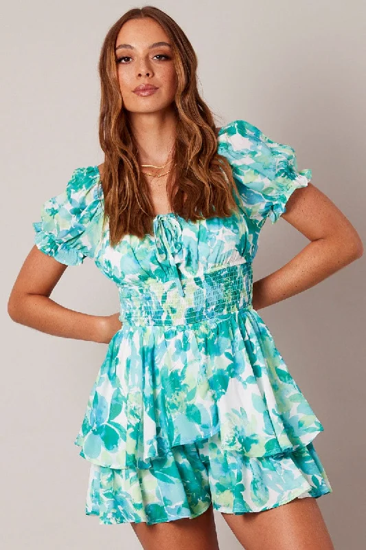 Green Floral Ruffle Playsuit Short Sleeve Ruched Bust