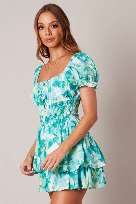 Green Floral Ruffle Playsuit Short Sleeve Ruched Bust