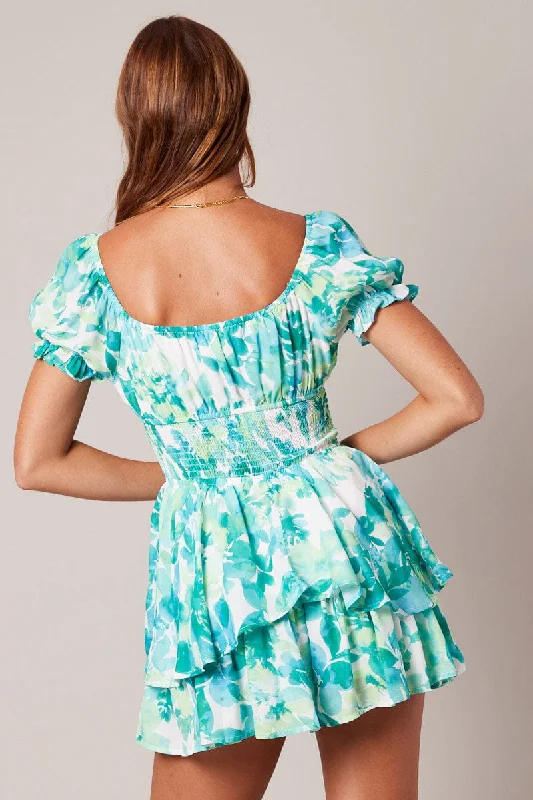 Green Floral Ruffle Playsuit Short Sleeve Ruched Bust