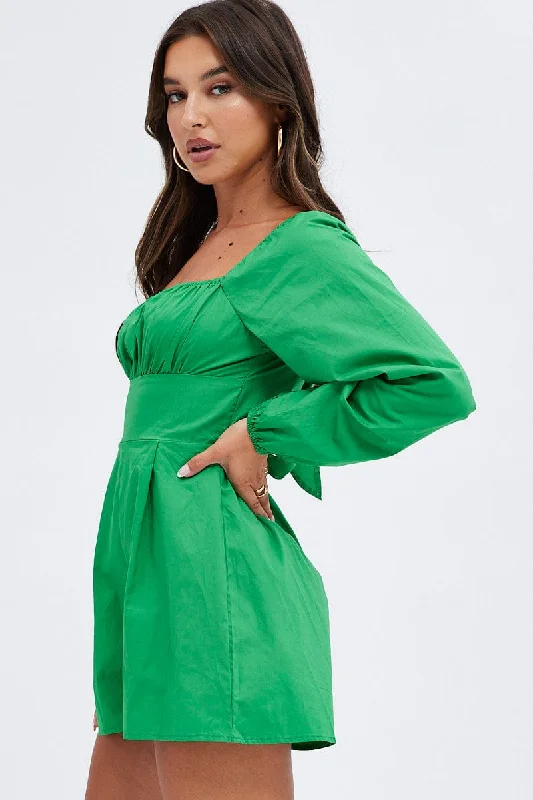 Green Poplin Playsuit Long Sleeve Tie Back