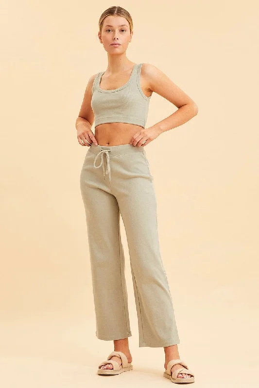 Green Wide Leg Pant Rib Crop Drawstring Waist