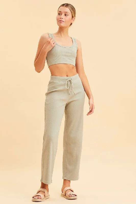 Green Wide Leg Pant Rib Crop Drawstring Waist