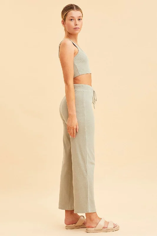 Green Wide Leg Pant Rib Crop Drawstring Waist