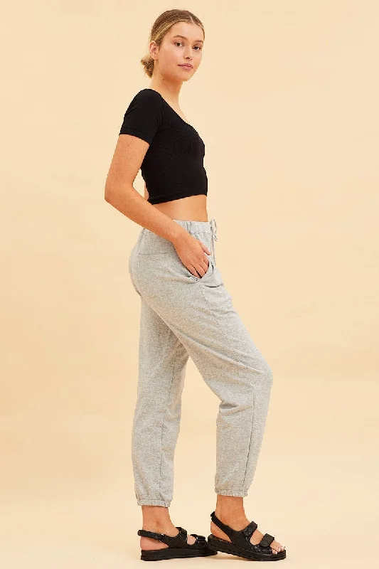 Grey Lounge Pant Cotton Terry Stretch Drawstring Waist