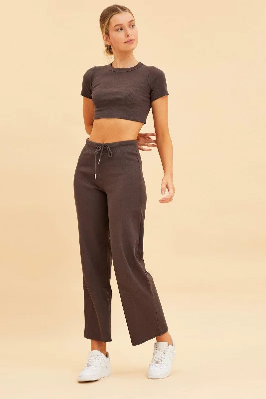 Grey Wide Leg Pant Rib Crop Drawstring Waist