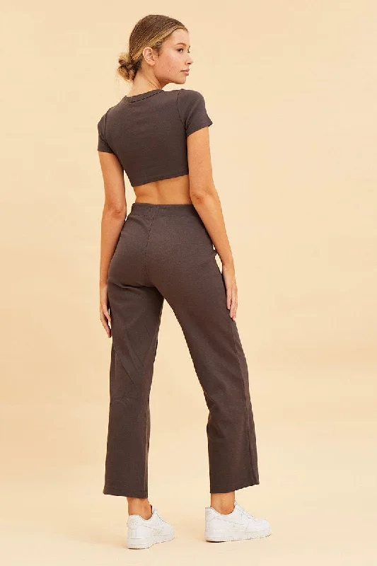 Grey Wide Leg Pant Rib Crop Drawstring Waist