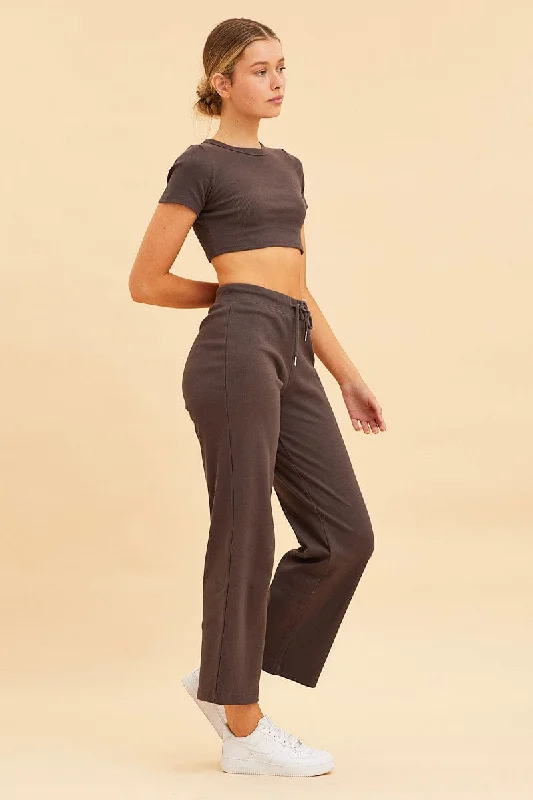 Grey Wide Leg Pant Rib Crop Drawstring Waist