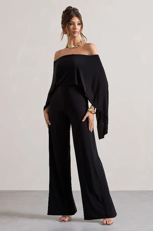 Kori | Black Bardot Wide-Leg Jumpsuit With Cape