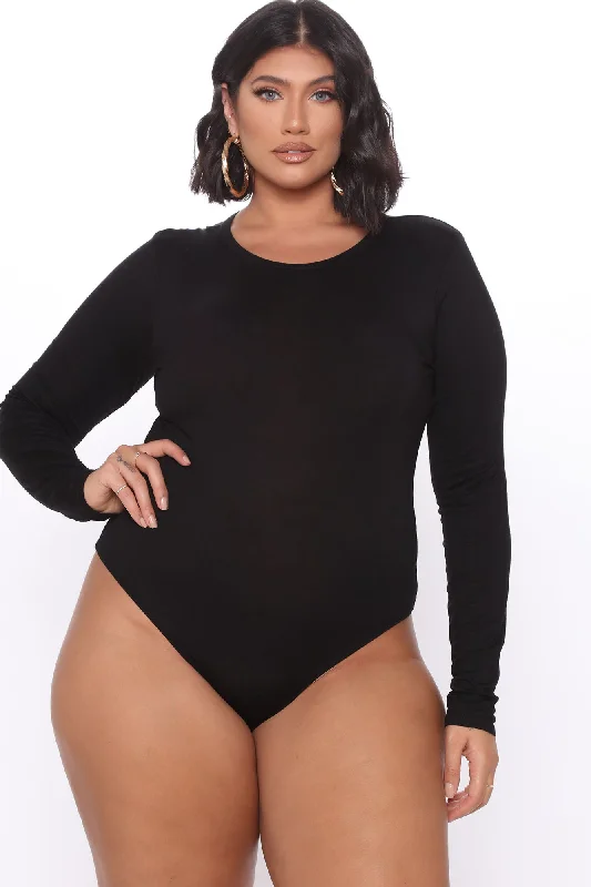 Krystal Crew Neck Long Sleeve Bodysuit - Black