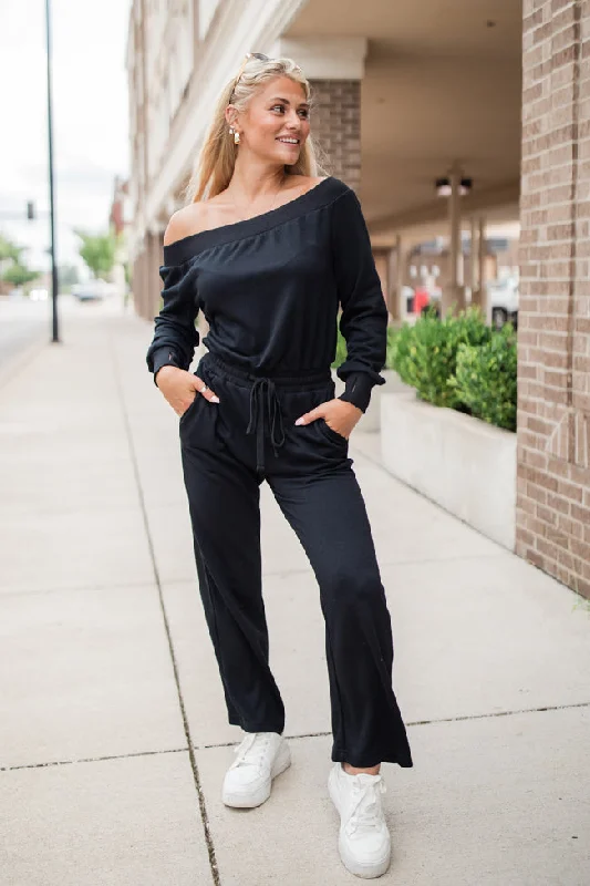 Memory Lane Black Off The Shoulder Knit Jumpsuit