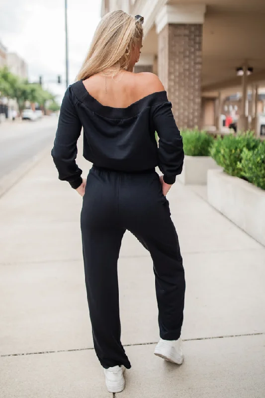 Memory Lane Black Off The Shoulder Knit Jumpsuit