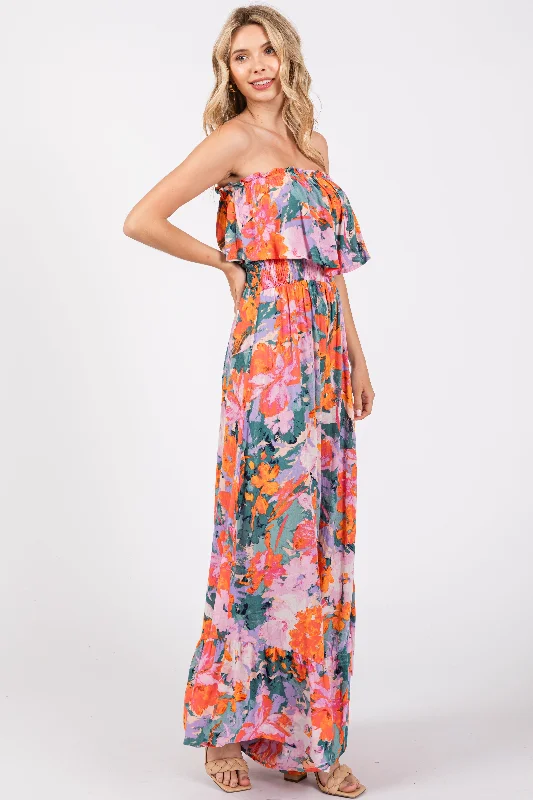 Multi Color Floral Smocked Ruffle Strapless Wide Leg Jumpsuit