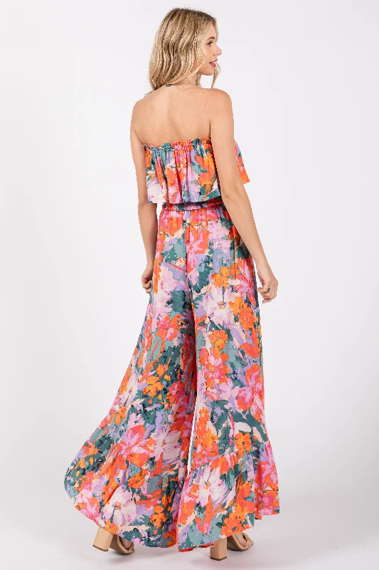 Multi Color Floral Smocked Ruffle Strapless Wide Leg Jumpsuit