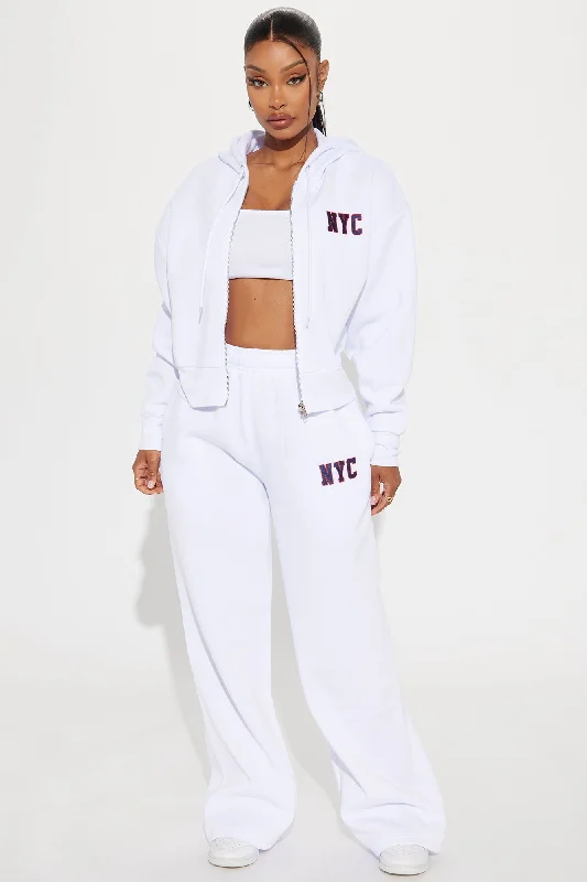 New York Embroidered Wide Leg Pant - White