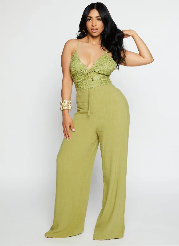 Linen Lace Detail Criss Cross Back Jumpsuit