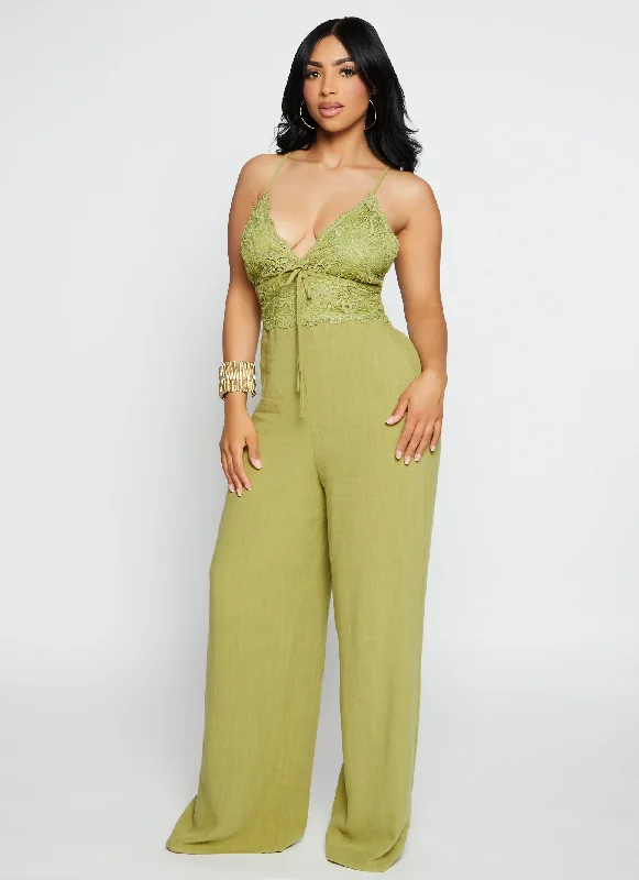 Linen Lace Detail Criss Cross Back Jumpsuit