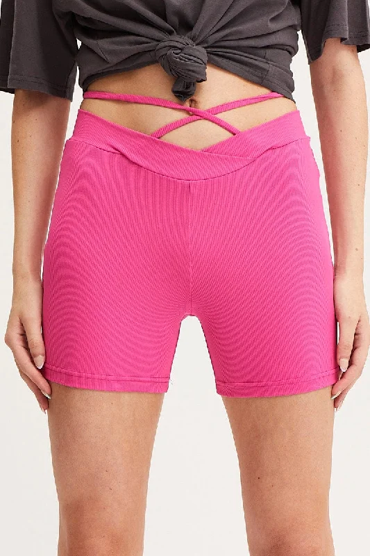 Pink Biker Shorts High Rise Waist Tie