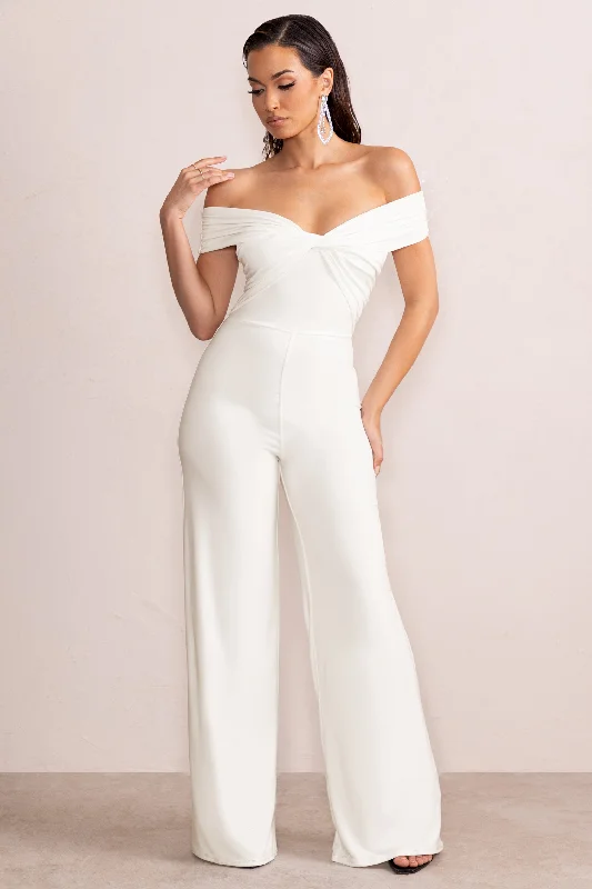 Say Less | White Bardot Front Wrap Wide Leg Jumpsuit