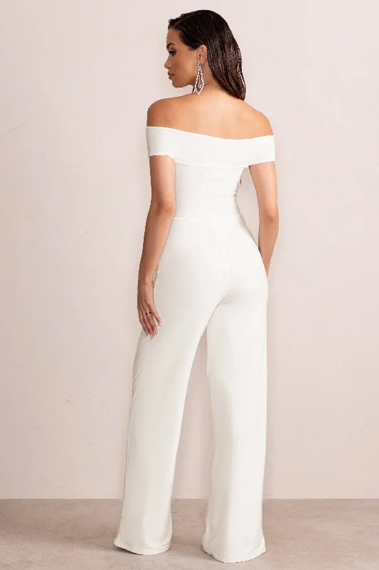 Say Less | White Bardot Front Wrap Wide Leg Jumpsuit