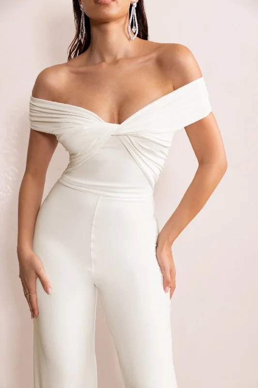 Say Less | White Bardot Front Wrap Wide Leg Jumpsuit