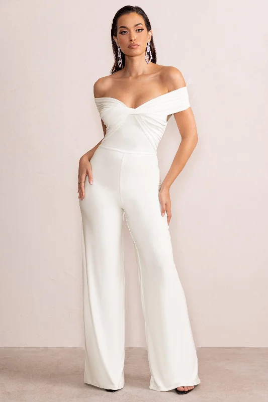 Say Less | White Bardot Front Wrap Wide Leg Jumpsuit