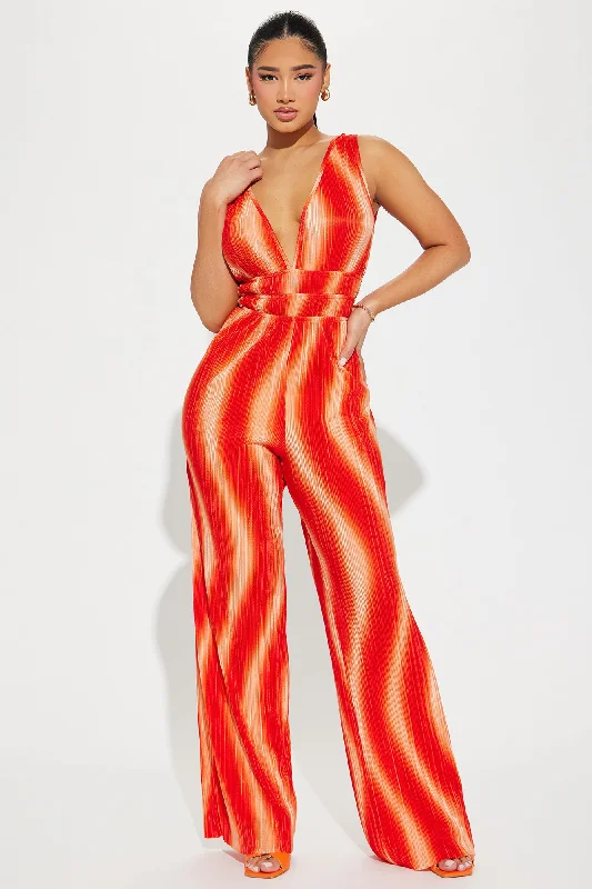 Sunset Cruise Plisse Jumpsuit - Orange/combo