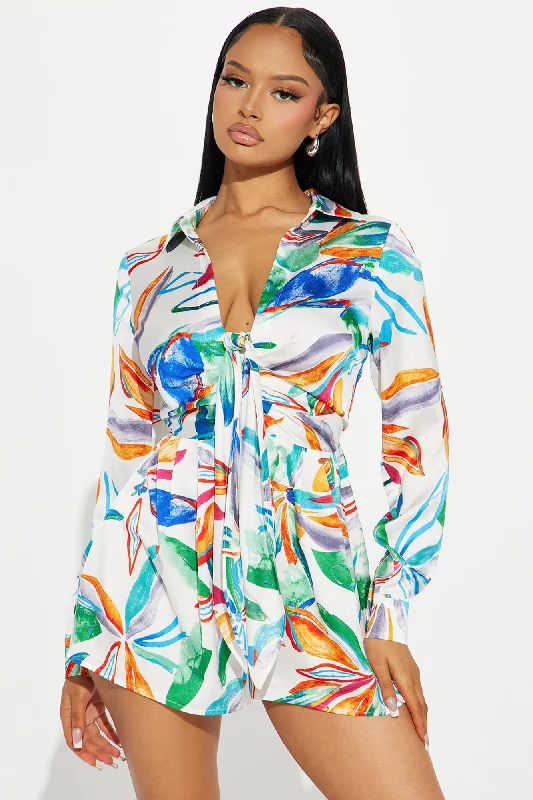 Tropical Resort Satin Romper - Ivory/combo