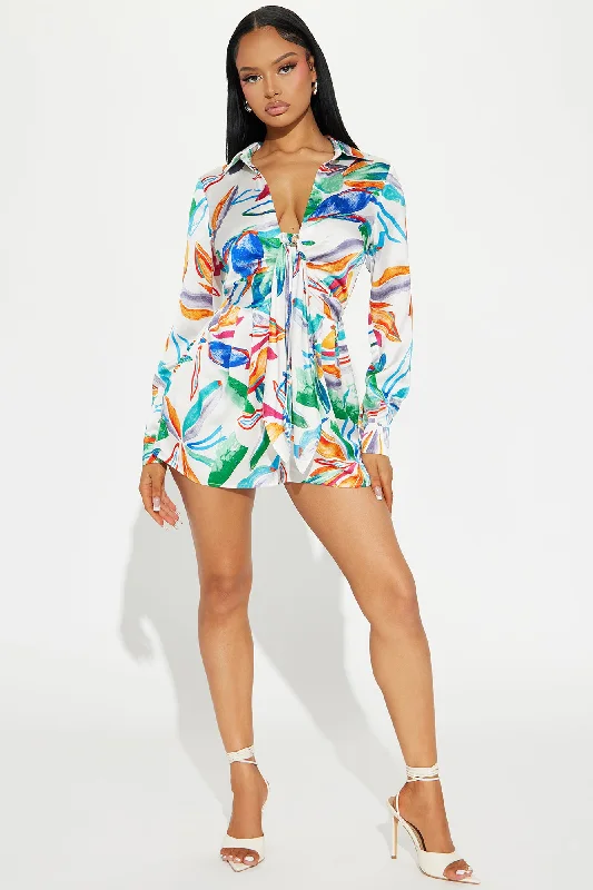 Tropical Resort Satin Romper - Ivory/combo