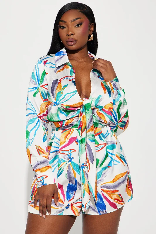 Tropical Resort Satin Romper - Ivory/combo