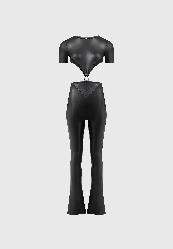 Vegan Leather Backless Jumpsuit - Black