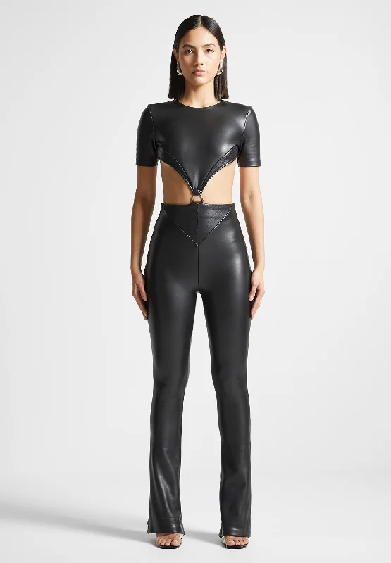 Vegan Leather Backless Jumpsuit - Black