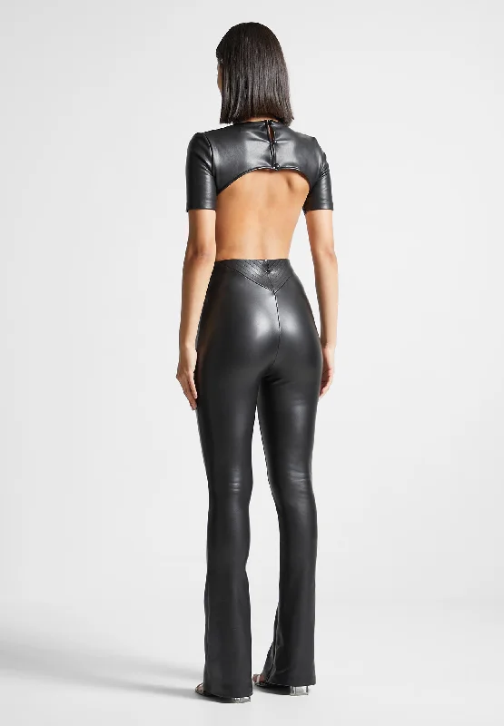 Vegan Leather Backless Jumpsuit - Black