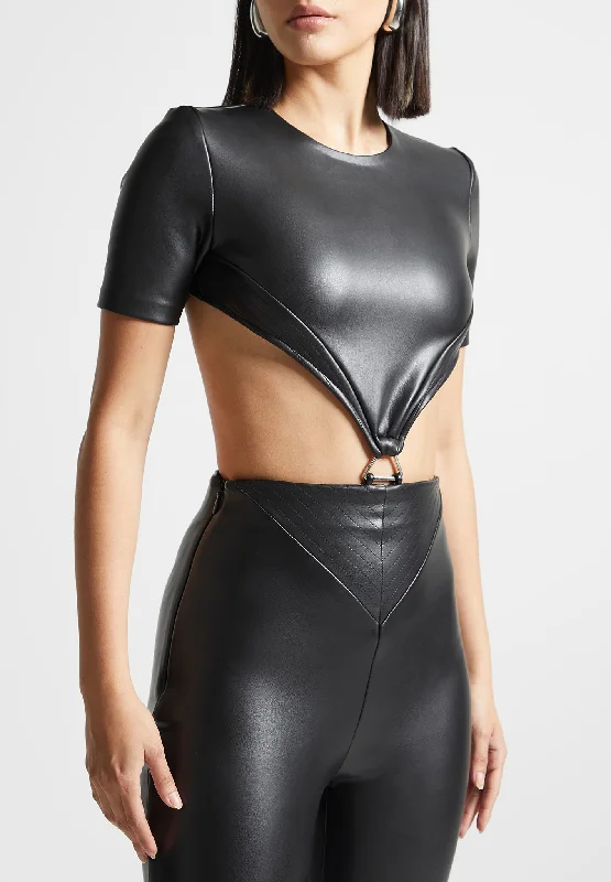 Vegan Leather Backless Jumpsuit - Black