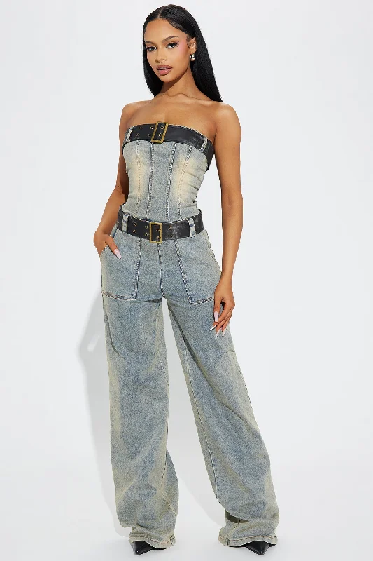 Waiting Game Denim Jumpsuit  - Light Wash