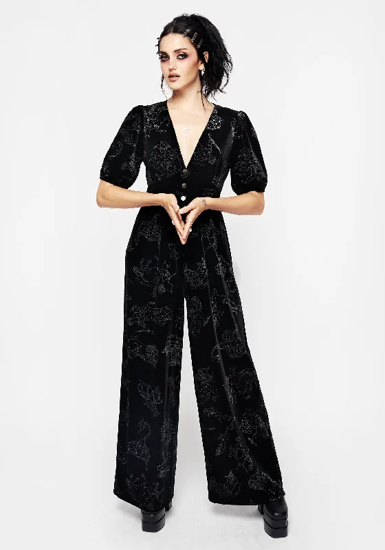 Zodiac Foil Print Button Front Velour Jumpsuit